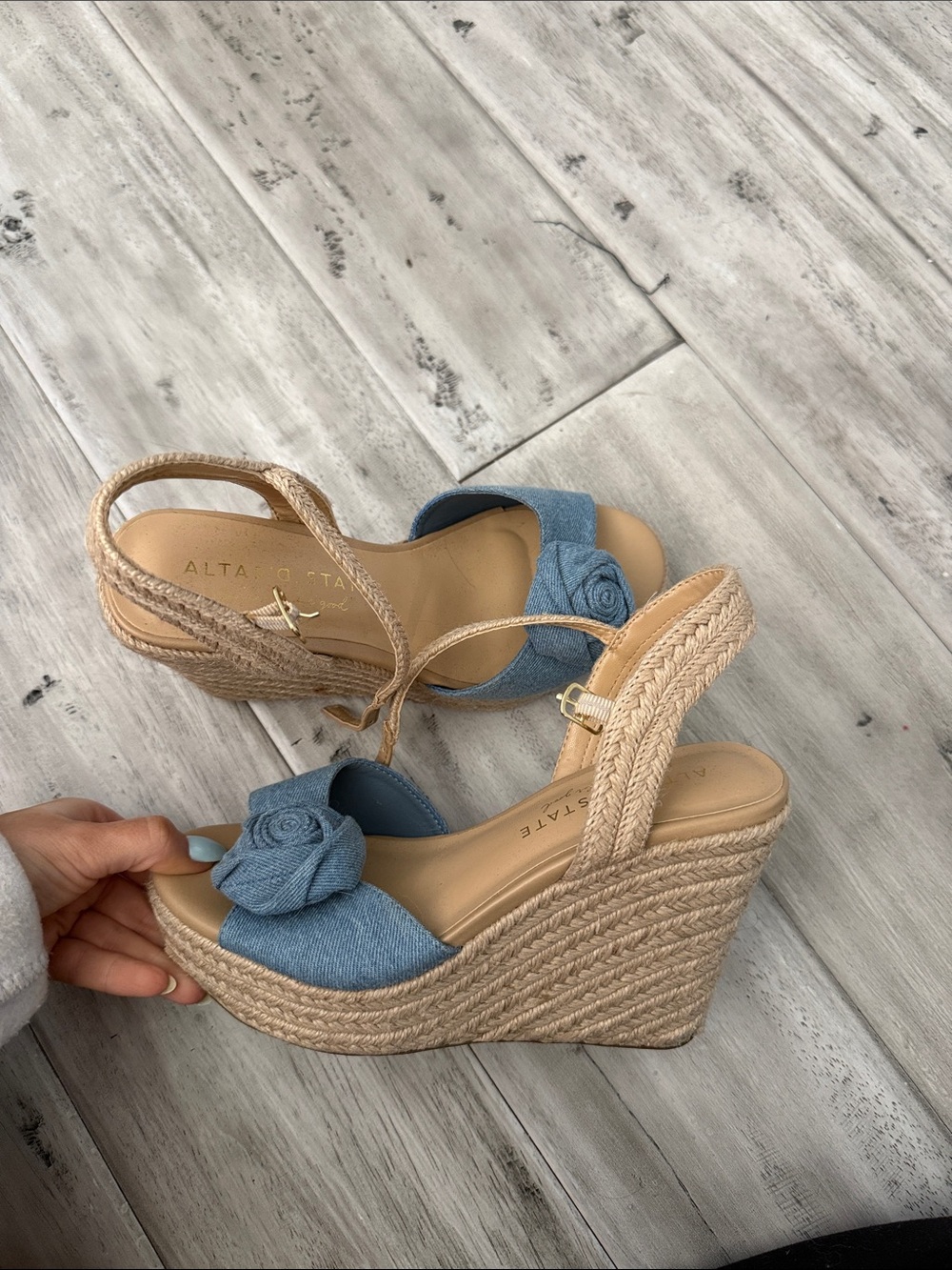 Altar'd State Denim Blue Rosette Espadrille Wedge Sandals